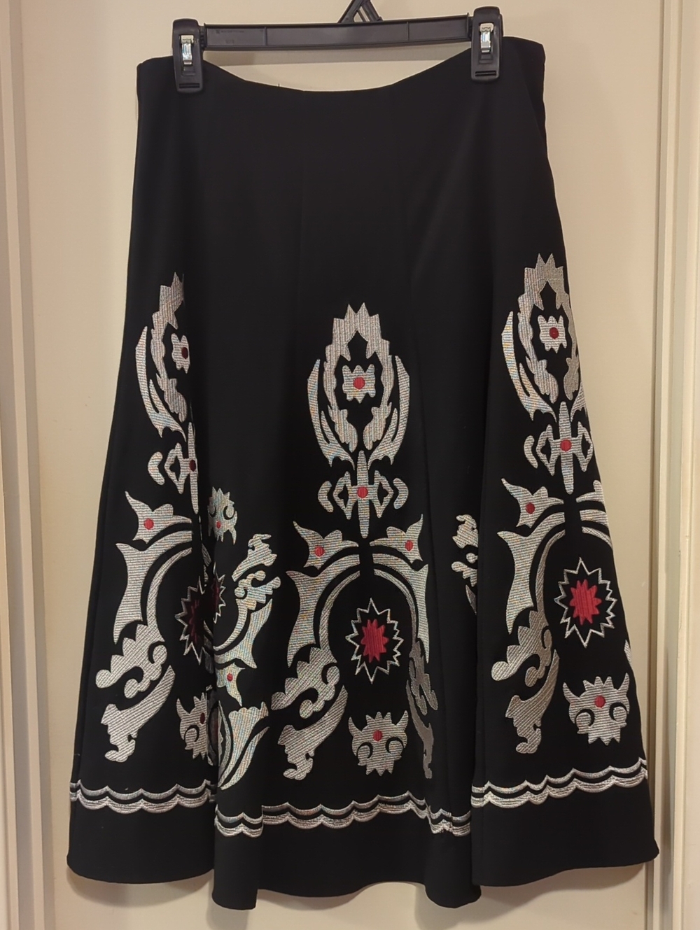 Sunny Leigh Black A-Line Skirt with Silver and Red Embroidery